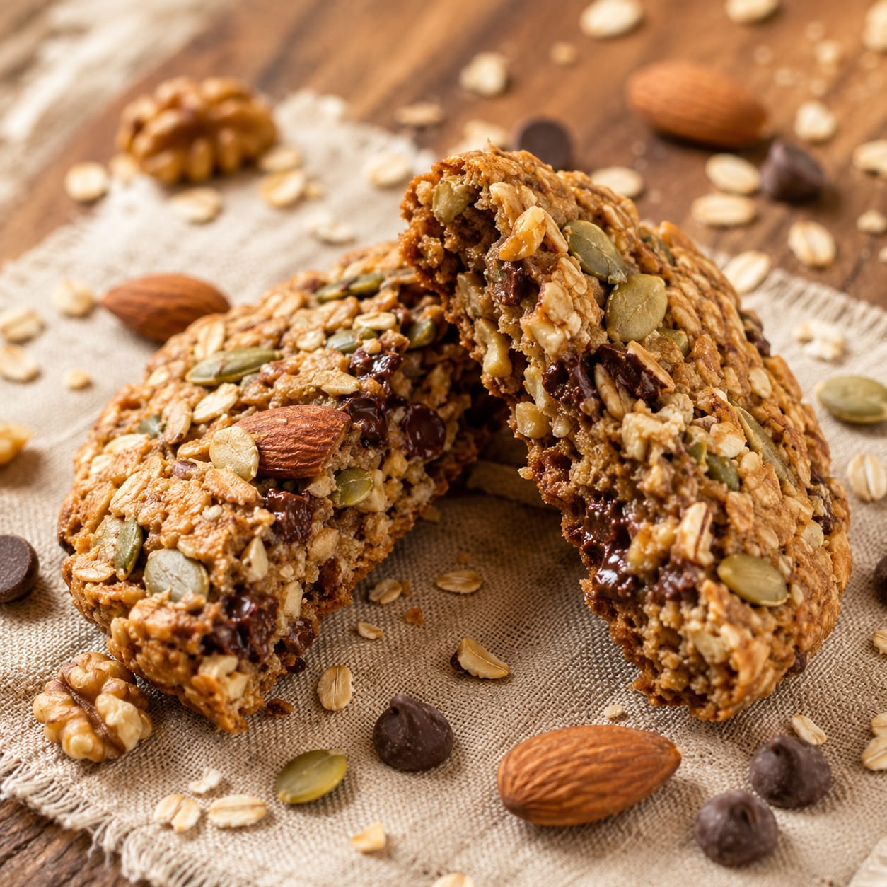 Kindly Baked cookie split in half, showing almonds, walnuts, seeds and chocolate chips